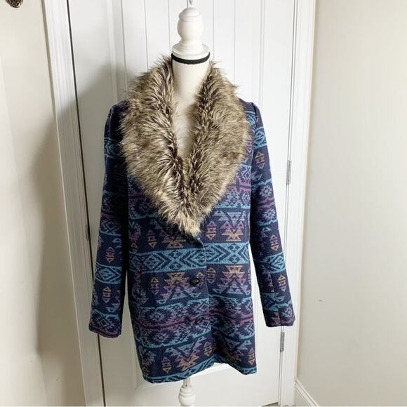 Anthropologie aztec faux fur bomber southwestern wool jacket medium‎ mob wife - Picture 1 of 5